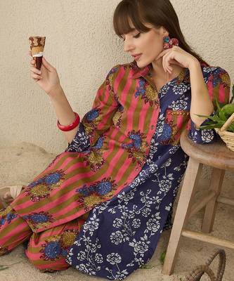 Floral Screen Printed Shirt Collar Pure Cotton Straight Kurta With Trousers 1