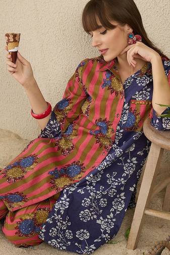 Floral Screen Printed Shirt Collar  Cotton Straight Kurta With Trousers