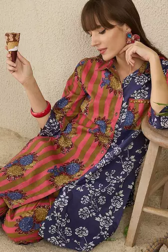 Floral Screen Printed Shirt Collar Pure Cotton Straight Kurta With Trousers