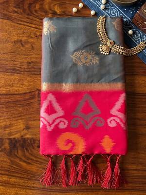 soft silk blend saree in grey & red for women festive party wear 4