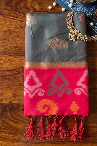soft silk blend saree in grey & red for women festive party wear