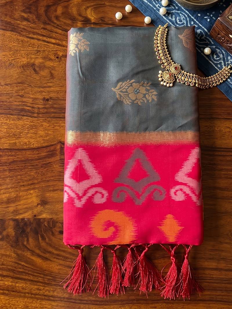 soft silk blend saree in grey & red for women festive party wear
