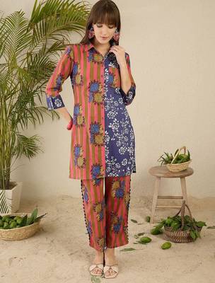 Floral Screen Printed Shirt Collar Pure Cotton Straight Kurta With Trousers 2