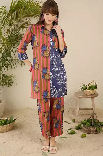 Floral Screen Printed Shirt Collar Pure Cotton Straight Kurta With Trousers