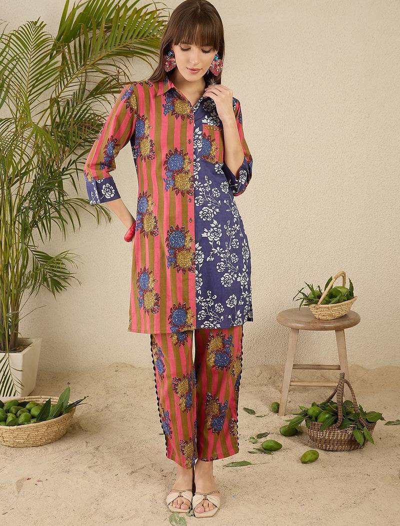 Floral Screen Printed Shirt Collar Pure Cotton Straight Kurta With Trousers