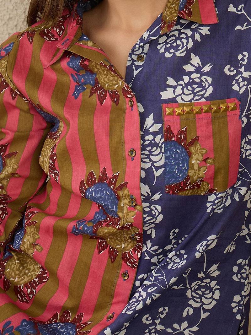 Floral Screen Printed Shirt Collar Pure Cotton Straight Kurta With Trousers