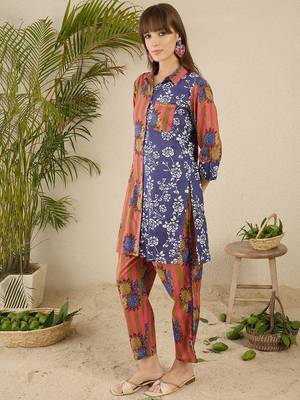 Floral Screen Printed Shirt Collar Pure Cotton Straight Kurta With Trousers 4