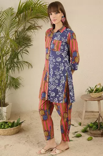 Floral Screen Printed Shirt Collar Pure Cotton Straight Kurta With Trousers