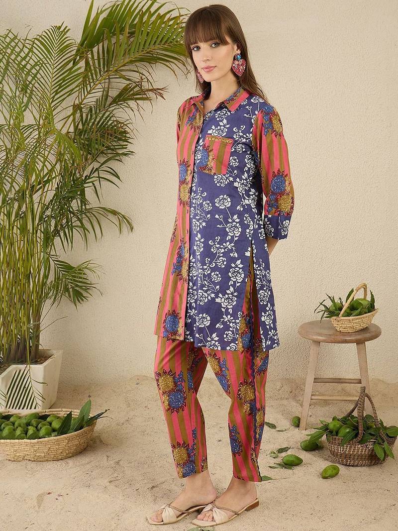 Floral Screen Printed Shirt Collar Pure Cotton Straight Kurta With Trousers