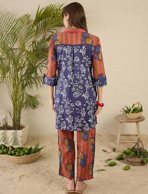 Floral Screen Printed Shirt Collar Pure Cotton Straight Kurta With Trousers 5