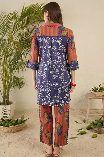 Floral Screen Printed Shirt Collar Pure Cotton Straight Kurta With Trousers
