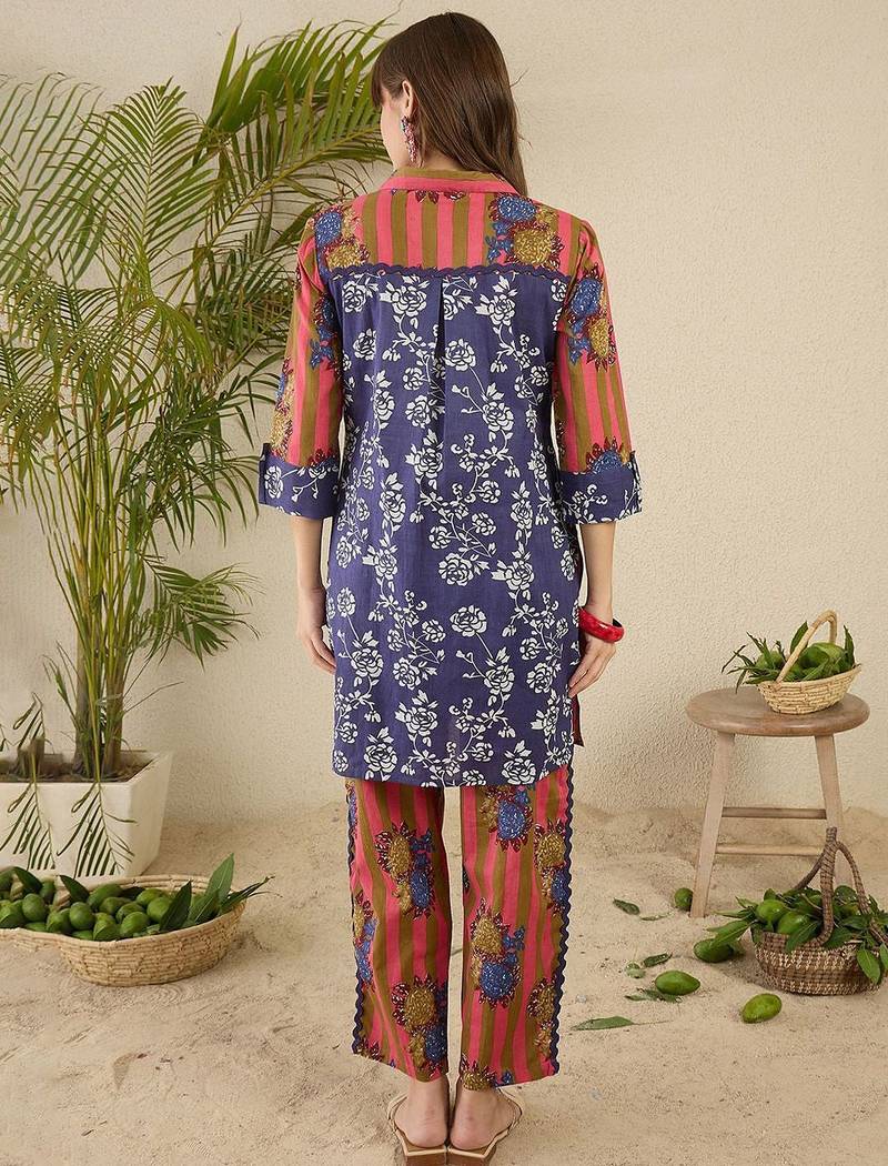 Floral Screen Printed Shirt Collar Pure Cotton Straight Kurta With Trousers