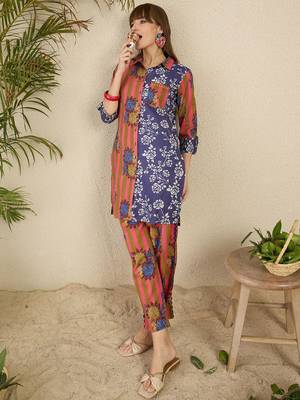 Floral Screen Printed Shirt Collar Pure Cotton Straight Kurta With Trousers 6