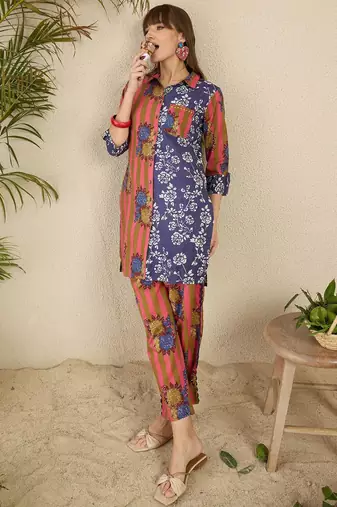 Floral Screen Printed Shirt Collar Pure Cotton Straight Kurta With Trousers