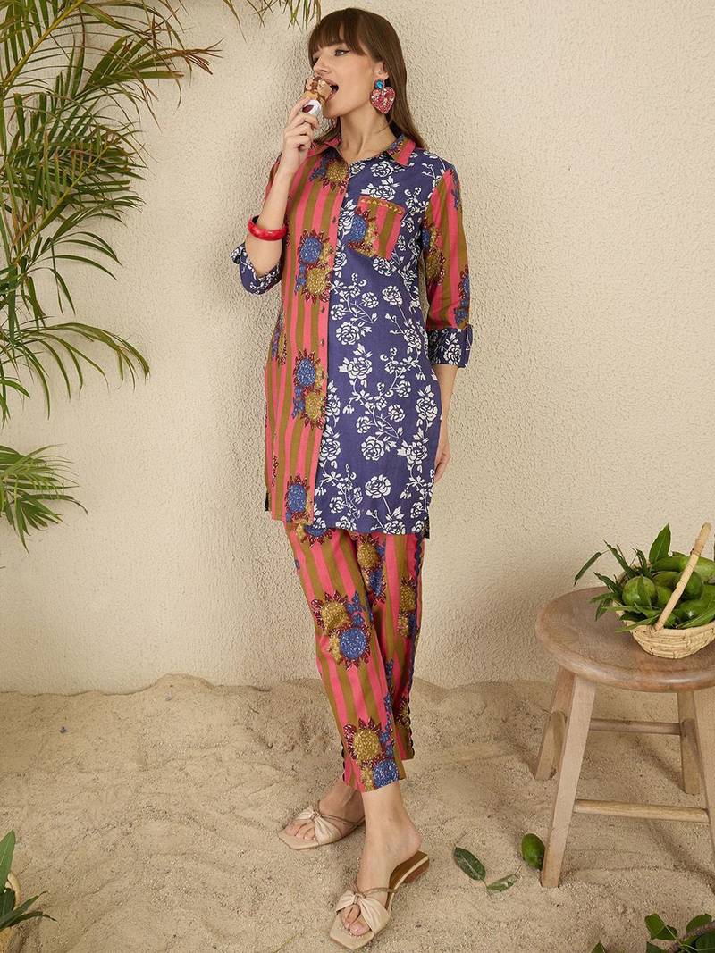 Floral Screen Printed Shirt Collar Pure Cotton Straight Kurta With Trousers