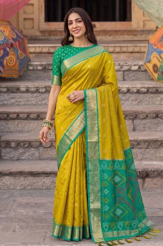 soft silk blend saree in mustard & green for women wedding wear