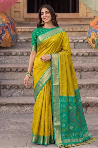 soft silk blend saree in mustard & green for women wedding wear