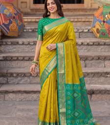 soft silk blend saree in mustard & green for women wedding wear