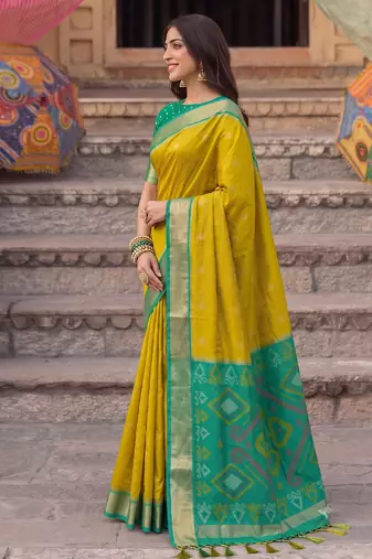 soft silk blend saree in mustard & green for women wedding wear