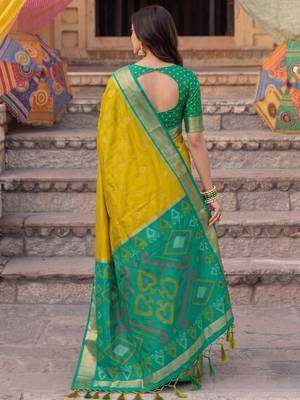soft silk blend saree in mustard & green for women wedding wear 3