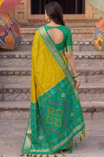soft silk blend saree in mustard & green for women wedding wear