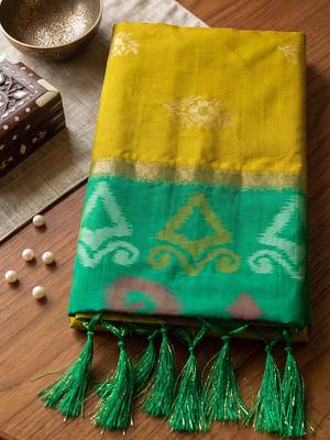 soft silk blend saree in mustard & green for women wedding wear 4