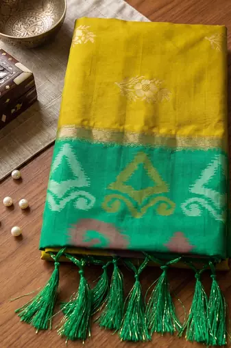 soft silk blend saree in mustard & green for women wedding wear