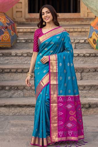 soft silk blend saree in sky blue & rani pink for women ethnic
