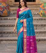 soft silk blend saree in sky blue & rani pink for women ethnic