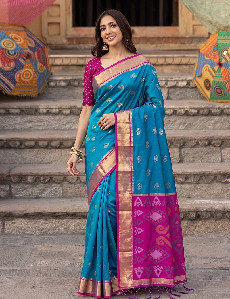 soft silk blend saree in sky blue & rani pink for women ethnic