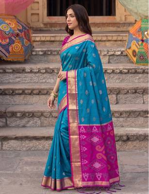 soft silk blend saree in sky blue & rani pink for women ethnic 2