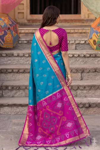 soft silk blend saree in sky blue & rani pink for women ethnic