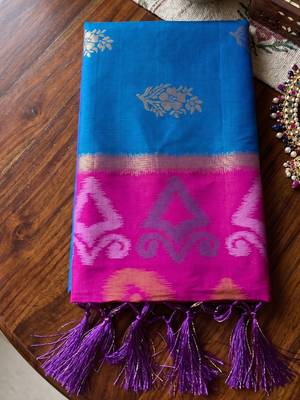 soft silk blend saree in sky blue & rani pink for women ethnic 4
