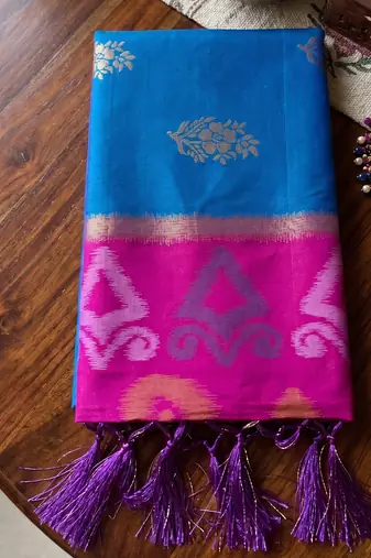 soft silk blend saree in sky blue & rani pink for women ethnic