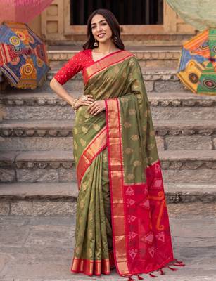 soft silk blend saree in olive green & red for women party wear 1