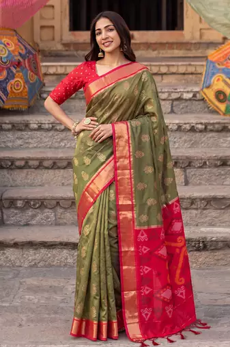 soft silk blend saree in olive green & red for women party wear