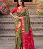 soft silk blend saree in olive green & red for women party wear