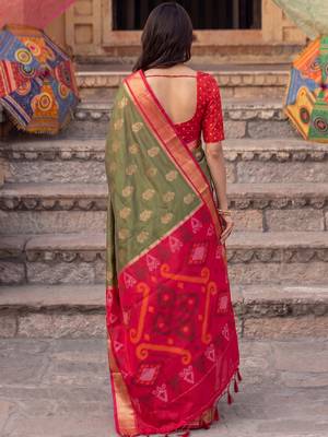 soft silk blend saree in olive green & red for women party wear 2