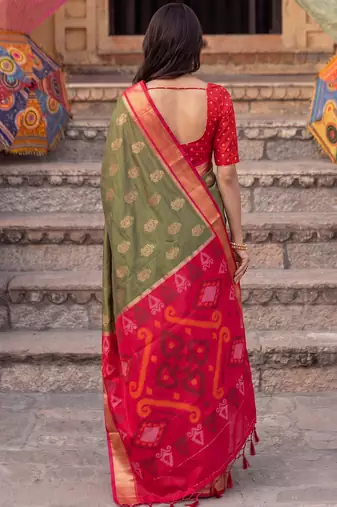 soft silk blend saree in olive green & red for women party wear