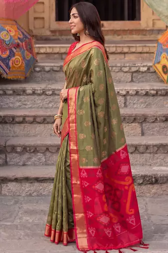 soft silk blend saree in olive green & red for women party wear