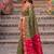 soft silk blend saree in olive green & red for women party wear