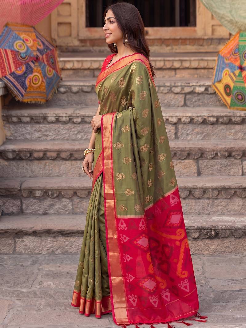 soft silk blend saree in olive green & red for women party wear