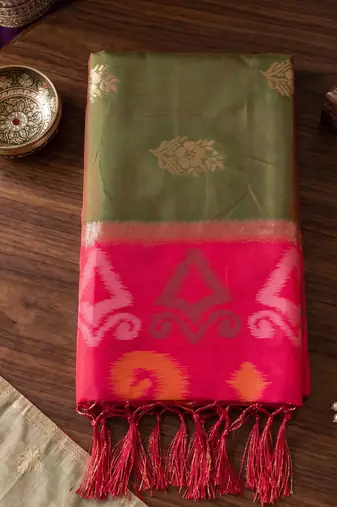 soft silk blend saree in olive green & red for women party wear