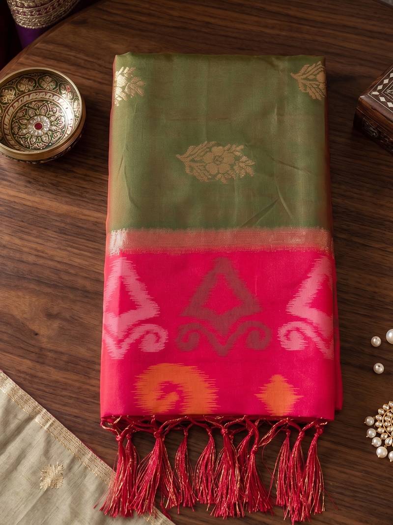 soft silk blend saree in olive green & red for women party wear