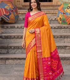 soft silk blend saree in yellow & rani pink women wedding wear
