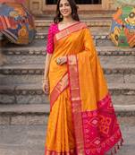 soft silk blend saree in yellow & rani pink women wedding wear