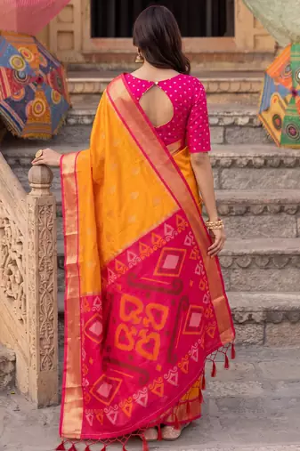 soft silk blend saree in yellow & rani pink women wedding wear