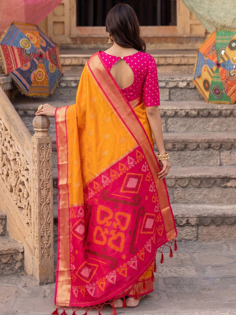 soft silk blend saree in yellow & rani pink women wedding wear