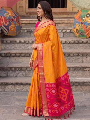 soft silk blend saree in yellow & rani pink women wedding wear 3