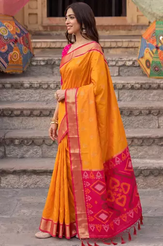 soft silk blend saree in yellow & rani pink women wedding wear